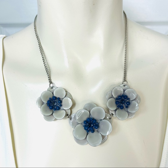 FLORAL ENAMEL NECKLACE silver GREY BLUE retro vintage UNIQUE dressy to casual - Picture 8 of 8